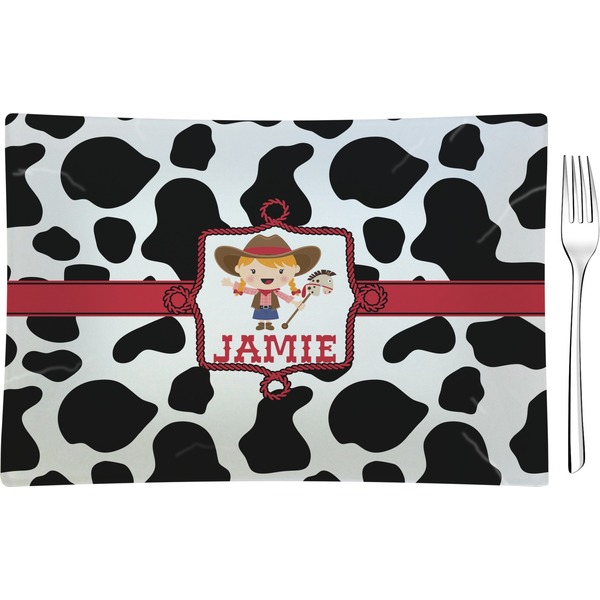 Custom Cowprint Cowgirl Rectangular Glass Appetizer / Dessert Plate - Single or Set (Personalized)