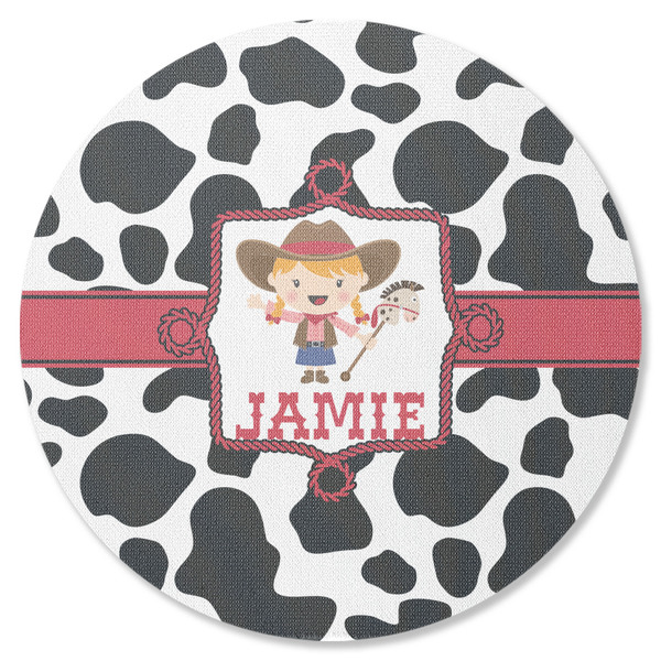 Custom Cowprint Cowgirl Round Rubber Backed Coaster (Personalized)