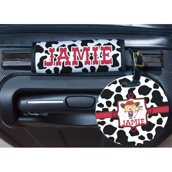 Cowprint Cowgirl Round Luggage Tag & Handle Wrap - In Context