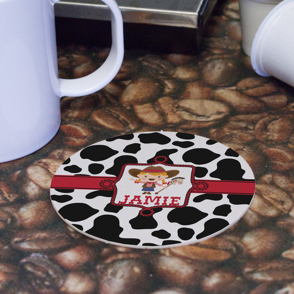 Cowprint Cowgirl Round Paper Coaster - Front