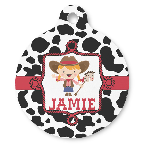 Custom Cowprint Cowgirl Round Pet ID Tag (Personalized)