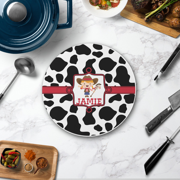 Cowprint Cowgirl Round Stone Trivet - In Context View