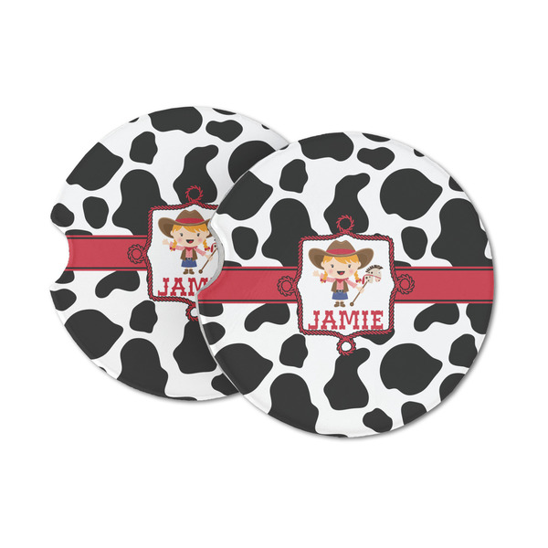 Custom Cowprint Cowgirl Sandstone Car Coasters (Personalized)