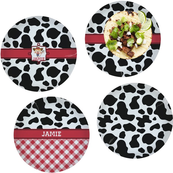 Custom Cowprint Cowgirl Set of 4 Glass Lunch / Dinner Plate 10" (Personalized)