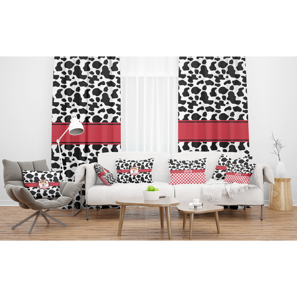 Cowprint Cowgirl Sheer and Custom Curtains in Room with Matching Pillows