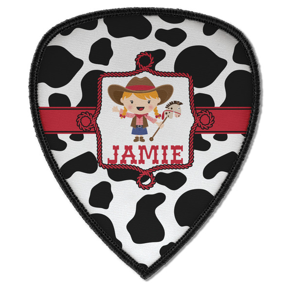 Custom Cowprint Cowgirl Iron on Shield Patch A w/ Name or Text