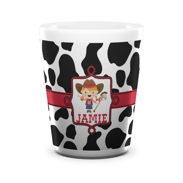 Custom Cowprint Cowgirl Ceramic Shot Glass - 1.5 oz - White - Set of 4 (Personalized)