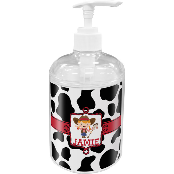 Custom Cowprint Cowgirl Acrylic Soap & Lotion Bottle (Personalized)