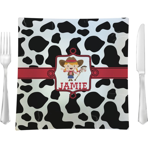Custom Cowprint Cowgirl 9.5" Glass Square Lunch / Dinner Plate- Single or Set of 4 (Personalized)