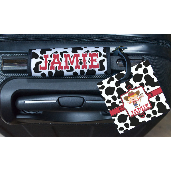 Cowprint Cowgirl Square Luggage Tag & Handle Wrap - In Context