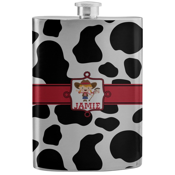 Custom Cowprint Cowgirl Stainless Steel Flask (Personalized)