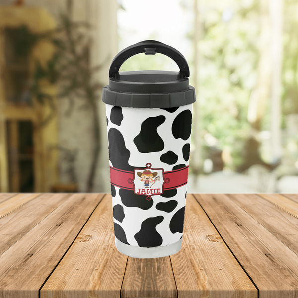 Cowprint Cowgirl Stainless Steel Travel Cup Lifestyle