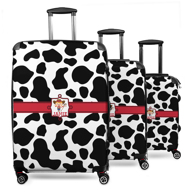 Custom Cowprint Cowgirl 3 Piece Luggage Set - 20" Carry On, 24" Medium Checked, 28" Large Checked (Personalized)