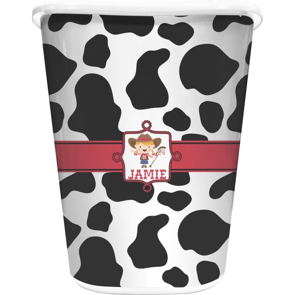 Custom Cowprint Cowgirl Waste Basket - Single Sided (White) (Personalized)