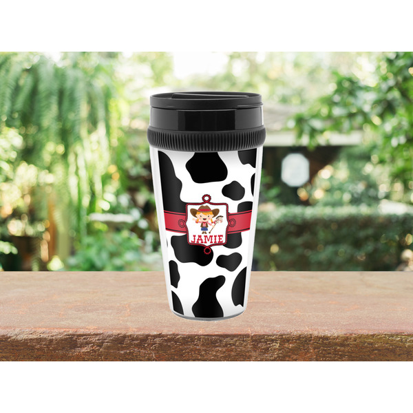 Cowprint Cowgirl Travel Mug Lifestyle (Personalized)