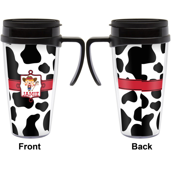 Cowprint Cowgirl Travel Mug with Black Handle - Approval