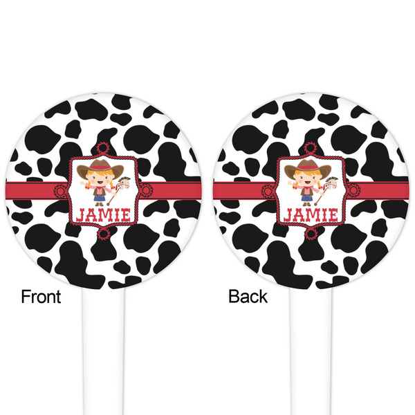 Cowprint Cowgirl White Plastic 4" Food Pick - Round - Double Sided - Front & Back