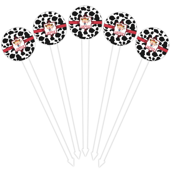 Cowprint Cowgirl White Plastic 4" Food Pick - Round - Fan View