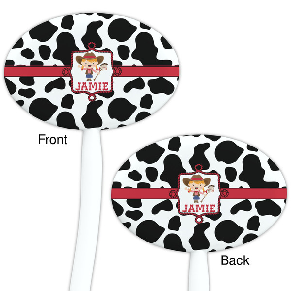Cowprint Cowgirl White Plastic 7" Stir Stick - Double Sided - Oval - Front & Back