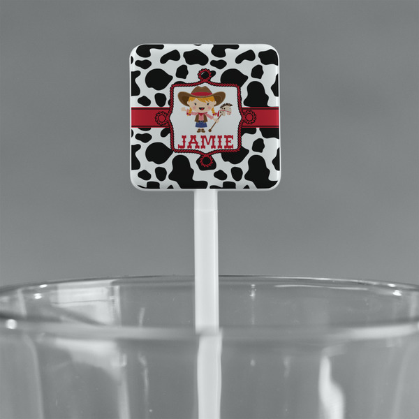 Cowprint Cowgirl White Plastic Stir Stick - Square - Main