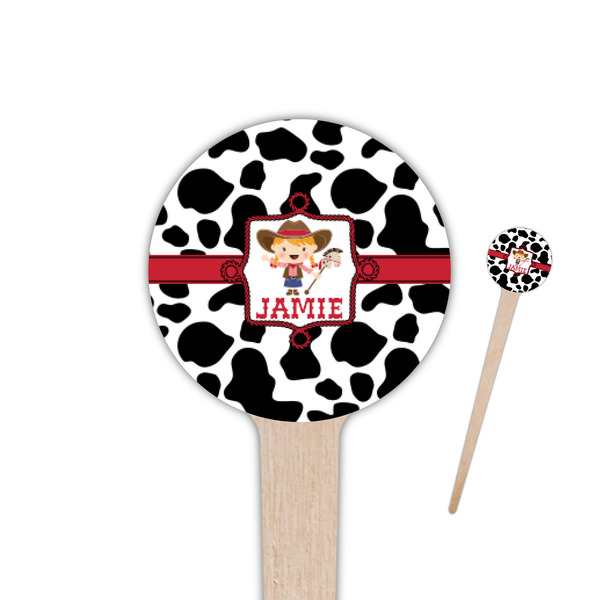 Custom Cowprint Cowgirl 4" Round Wooden Food Picks - Single Sided (Personalized)