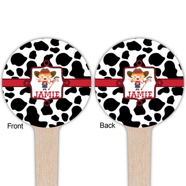 Cowprint Cowgirl Wooden 4" Food Pick - Round - Double Sided - Front & Back