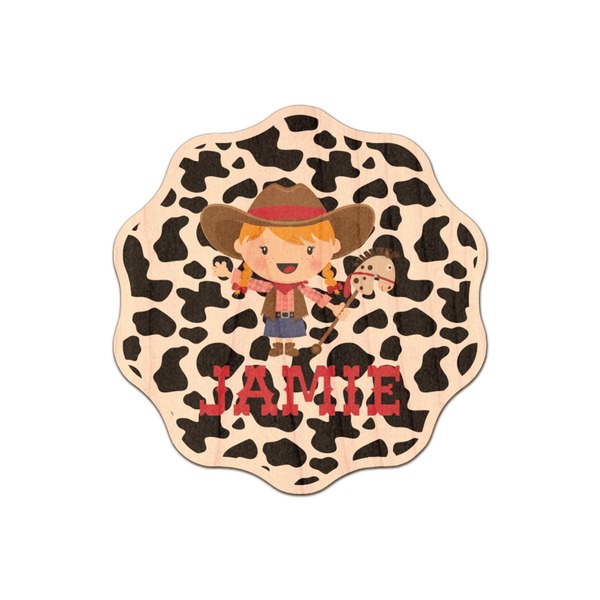 Custom Cowprint Cowgirl Genuine Maple or Cherry Wood Sticker (Personalized)