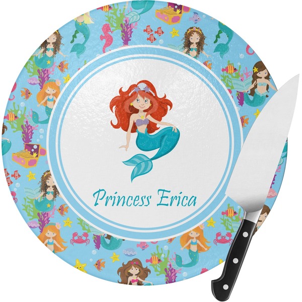 Custom Mermaids Round Glass Cutting Board - Small (Personalized)