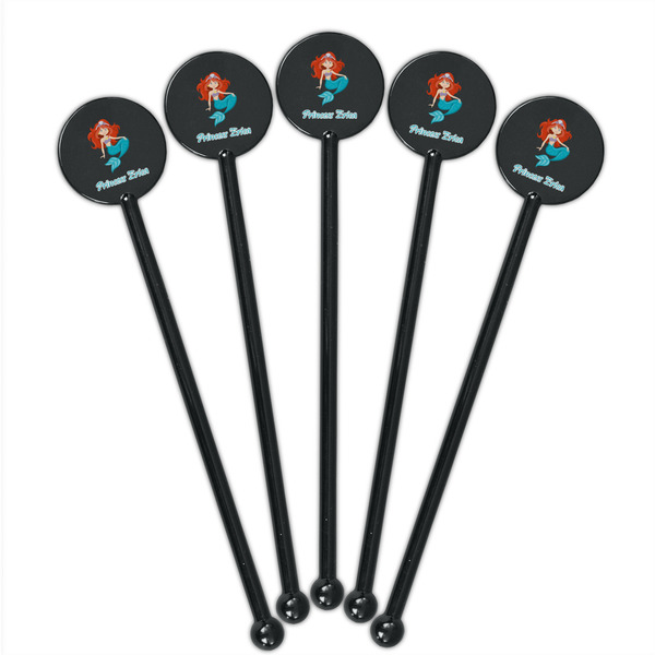 Mermaids Black Plastic 5.5" Stir Stick - Round - Fan View
