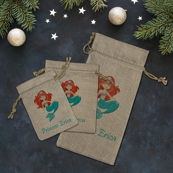 Mermaids Burlap Gift Bags - LIFESTYLE (Flat lay)