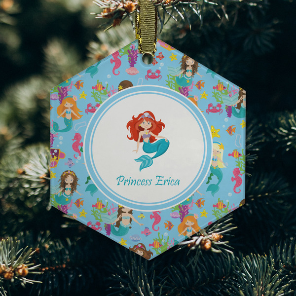Mermaids Frosted Glass Ornament - Hexagon (Lifestyle)
