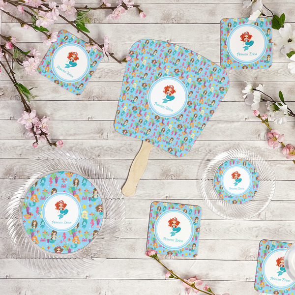 Mermaids Party Supplies Combination Image - All items - Plates, Coasters, Fans