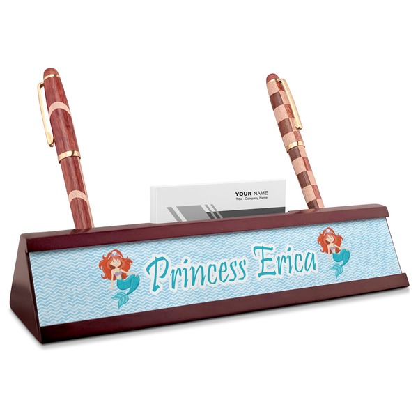 Custom Mermaids Red Mahogany Nameplate with Business Card Holder (Personalized)