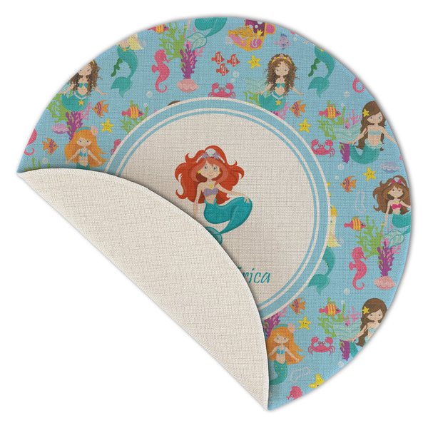Mermaids Round Linen Placemats - Front (folded corner single sided)
