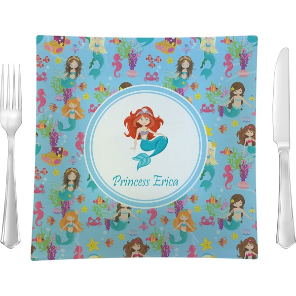 Custom Mermaids 9.5" Glass Square Lunch / Dinner Plate- Single or Set of 4 (Personalized)