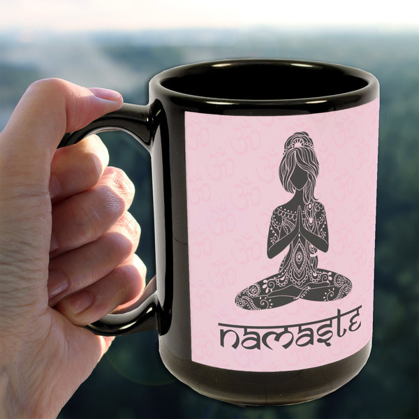 Lotus Pose 15oz. Black Mug - LIFESTYLE