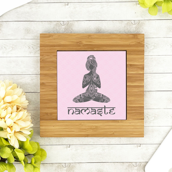 Lotus Pose Bamboo Trivet with 6" Tile - LIFESTYLE