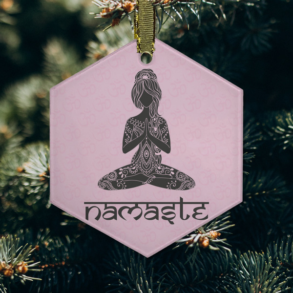 Lotus Pose Frosted Glass Ornament - Hexagon (Lifestyle)