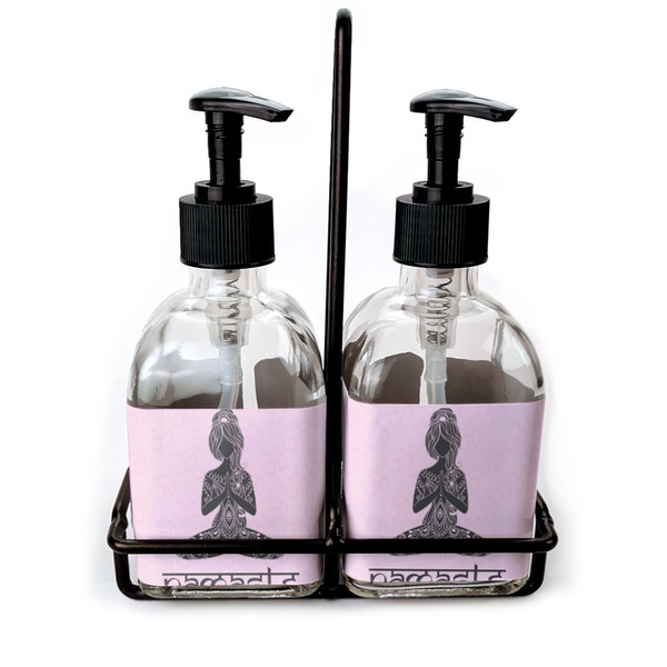 Custom Lotus Pose Glass Soap & Lotion Bottle Set