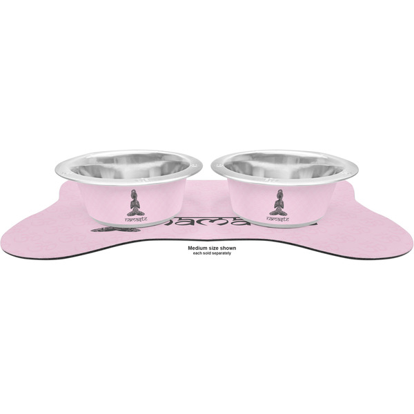 Lotus Pose Metal Pet Bowls - On Dog Bone Shaped Mat