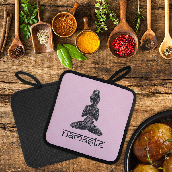 Lotus Pose Neoprene Pot Holder - Set of 2  LIFESTYLE (Flatlay)