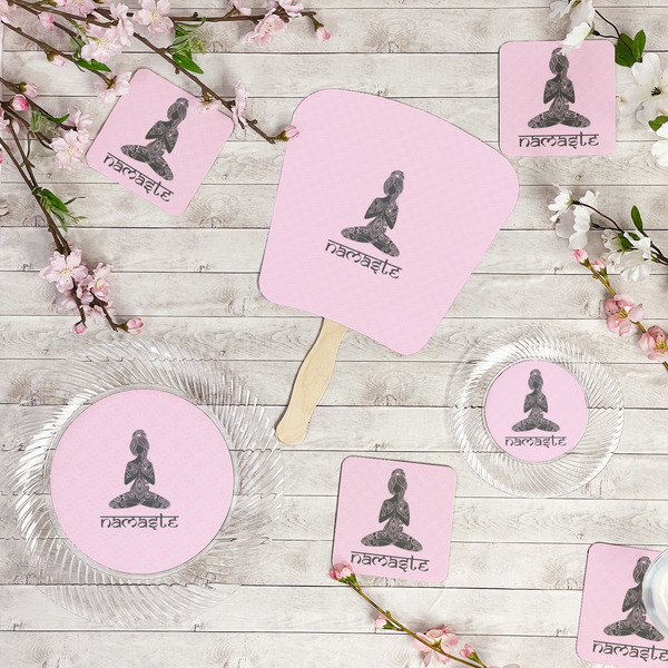 Lotus Pose Party Supplies Combination Image - All items - Plates, Coasters, Fans