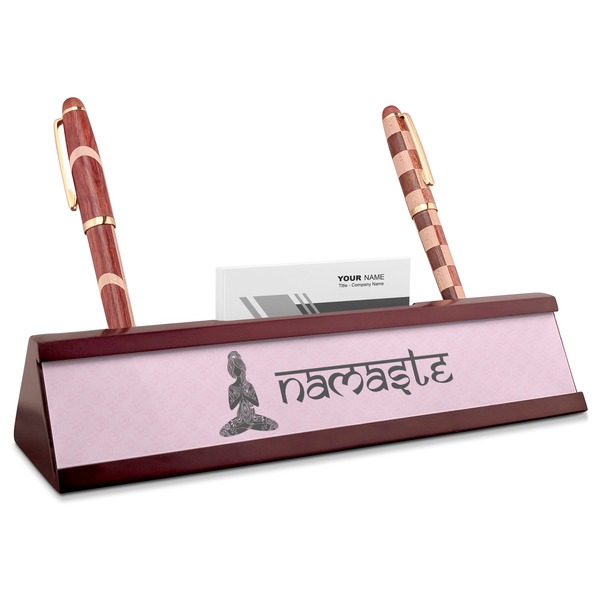 Custom Lotus Pose Red Mahogany Nameplate with Business Card Holder (Personalized)