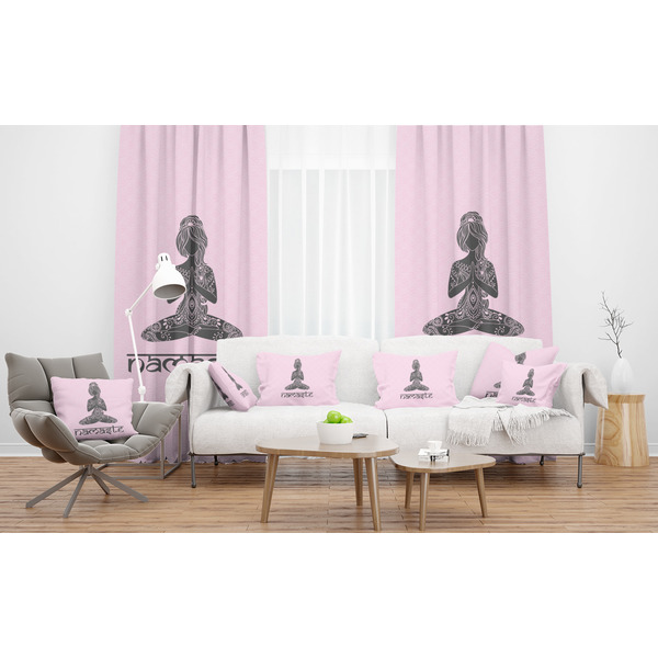 Lotus Pose Sheer and Custom Curtains in Room with Matching Pillows