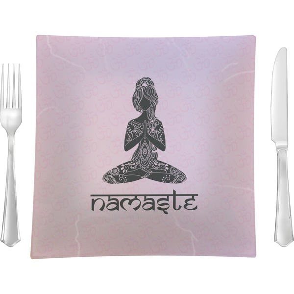 Custom Lotus Pose 9.5" Glass Square Lunch / Dinner Plate- Single or Set of 4 (Personalized)