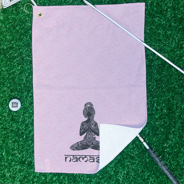 Lotus Pose Waffle Weave Golf Towel - In Context