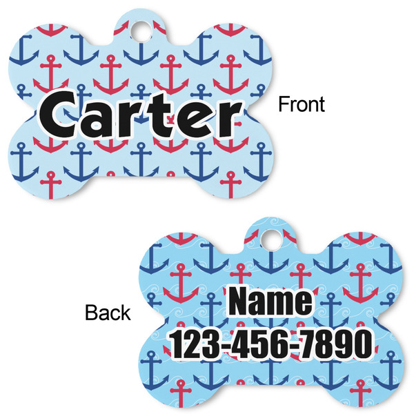 Anchors & Waves Bone Shaped Dog Tag - Front & Back