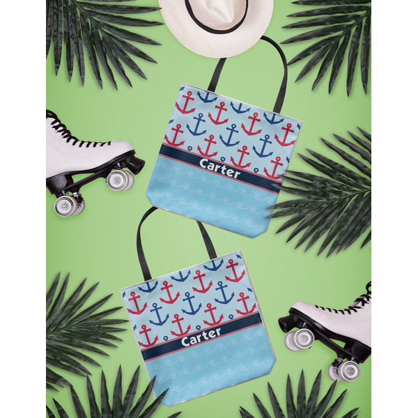 Anchors & Waves Canvas Tote Lifestyle Front and Back- 13x13