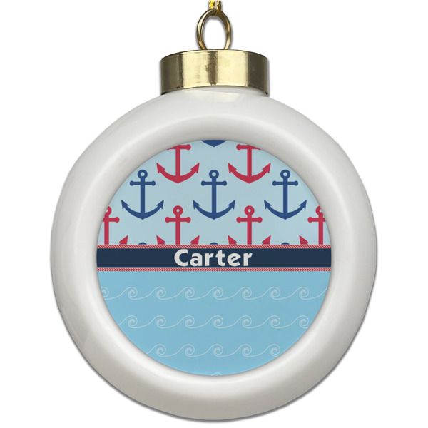Custom Anchors & Waves Ceramic Ball Ornament (Personalized)