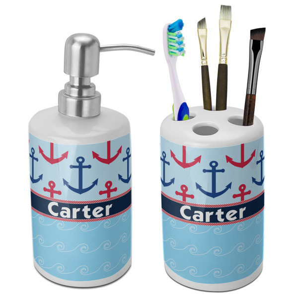 Custom Anchors & Waves Ceramic Bathroom Accessories Set (Personalized)